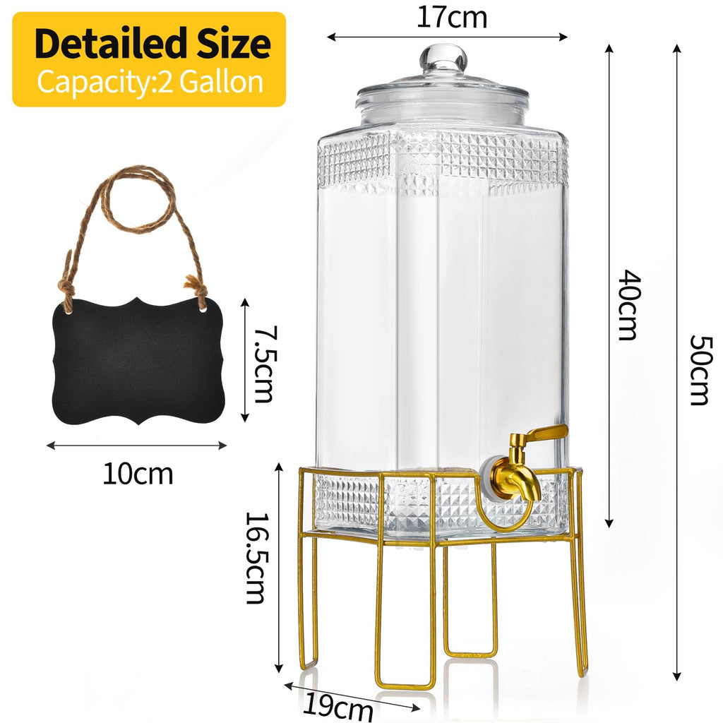 2 Gallon Drink Dispenser with Stand, Glass Lid and Stainless Steel Spigot R3494