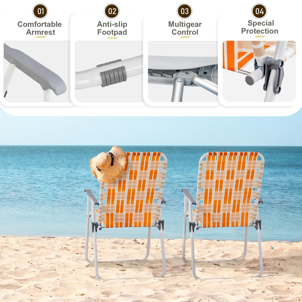 Set of 2 Orange and White Webbed Folding Beach Chairs H243