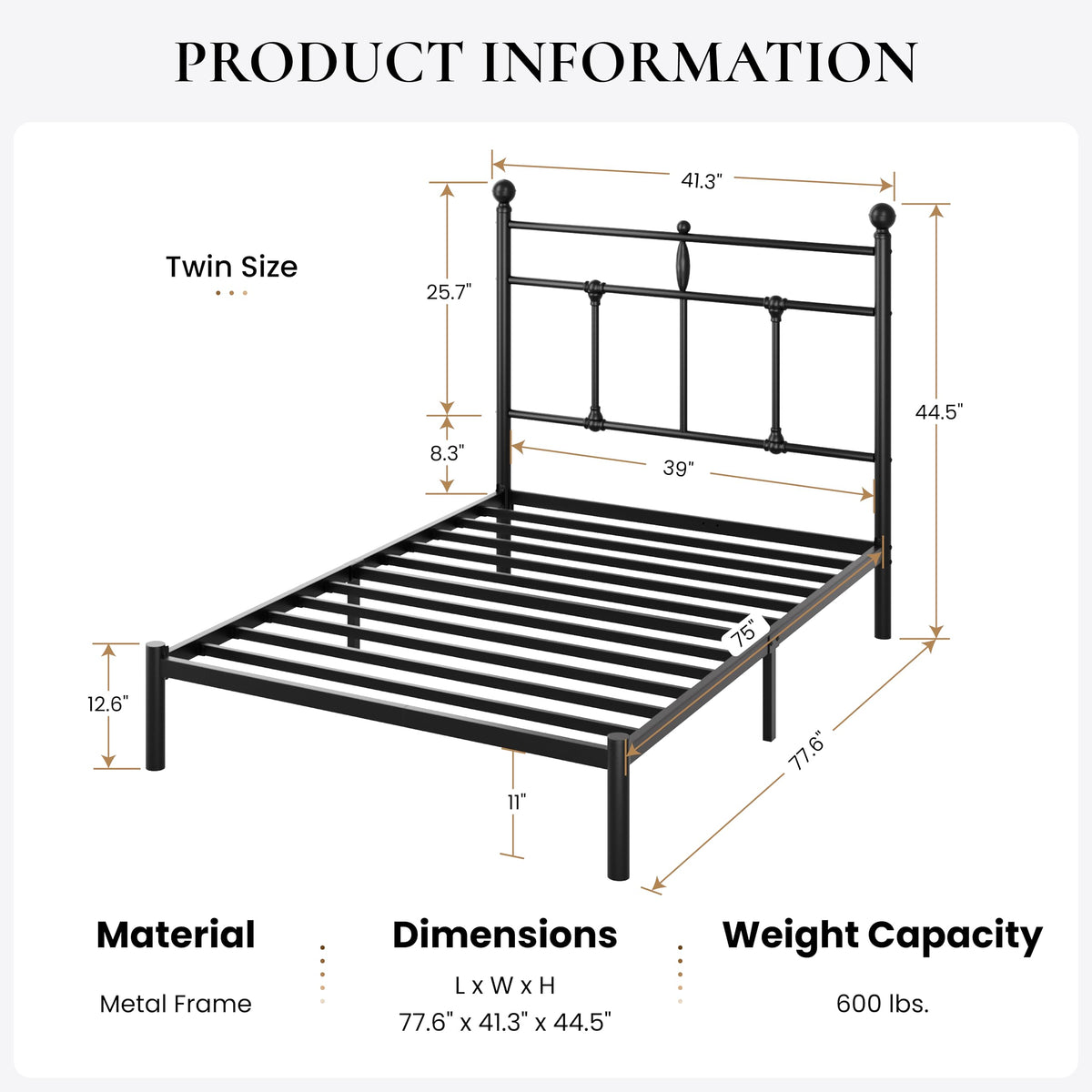 Twin Size Black Metal Platform Bed Frame with Headboard X275