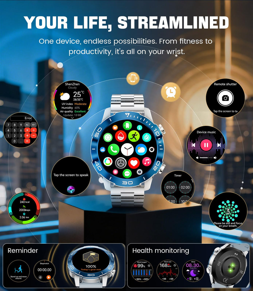 Smart Watch with Heart Rate SpO2 Sleep Monitor IP68 Waterproof Silver Blue 40mm K547575