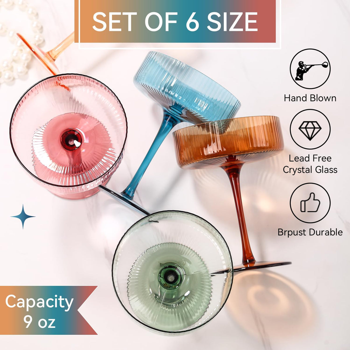 Colored Coupe Glasses Set of 6, 9 oz Cocktail Glasses R47270