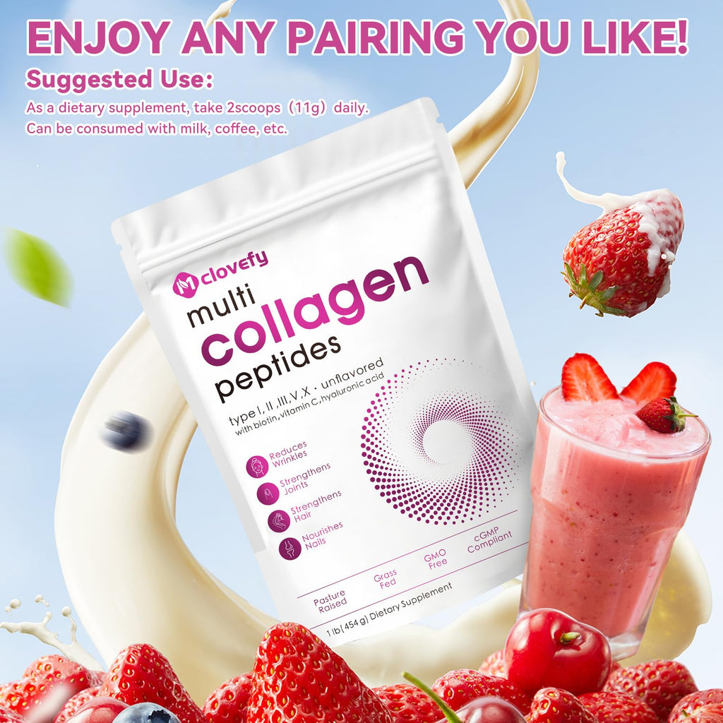 Unflavored Multi Collagen Peptides Powder 1lb I886066