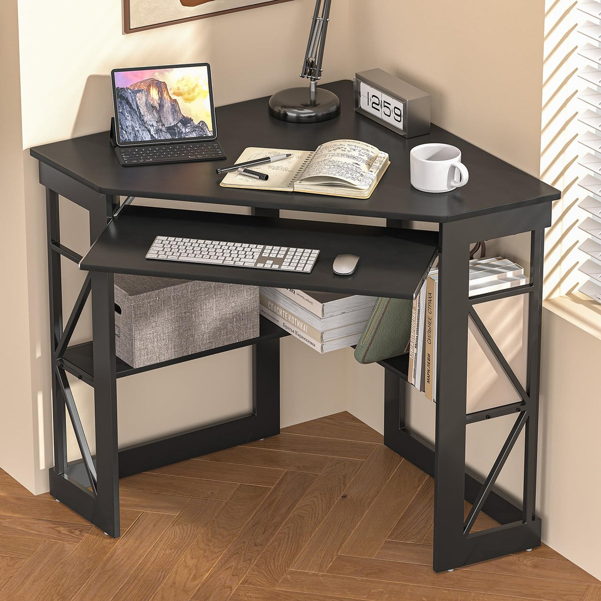 Black Corner Computer Desk with Keyboard Tray P217816