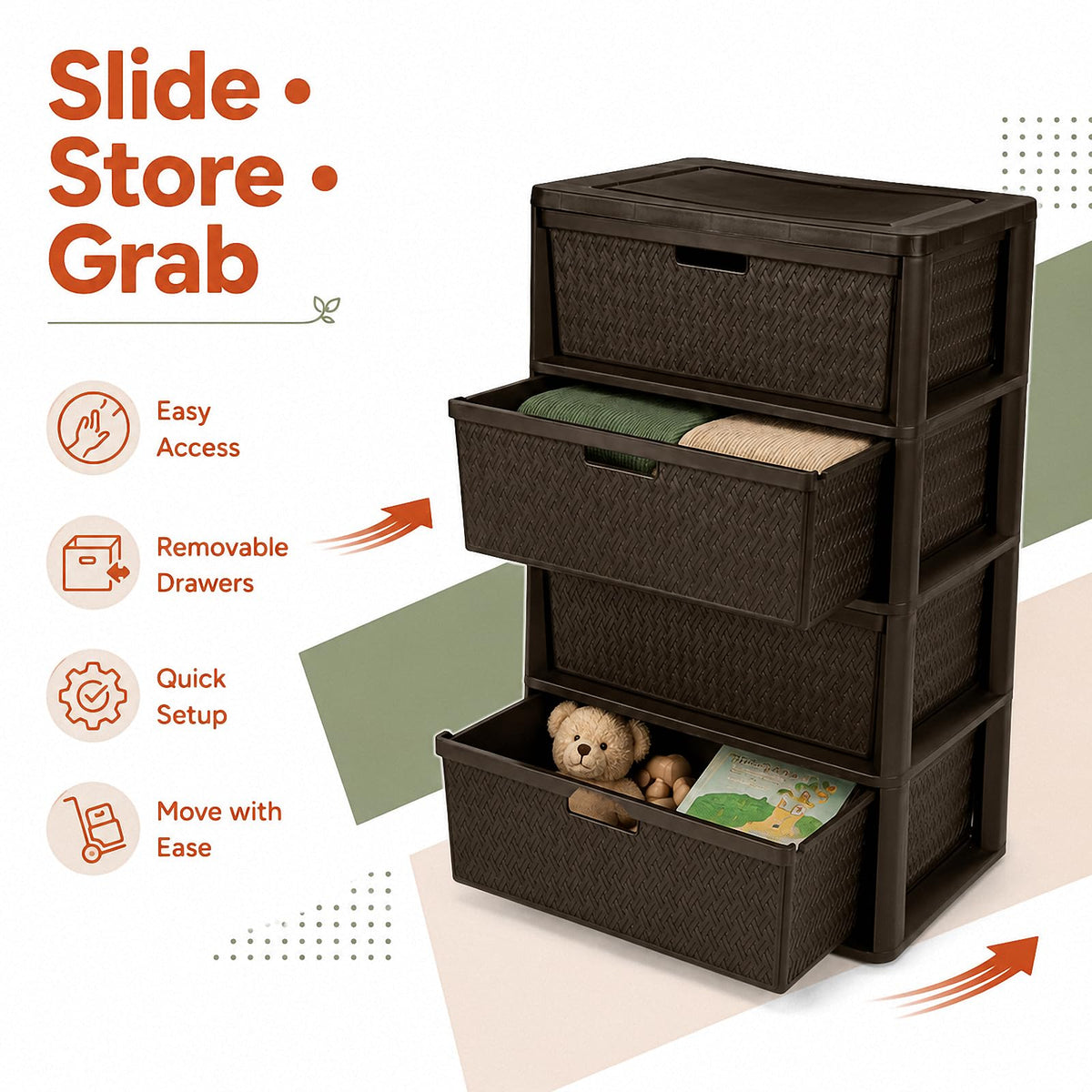 Brown 4 Drawer Plastic Storage Tower P404104
