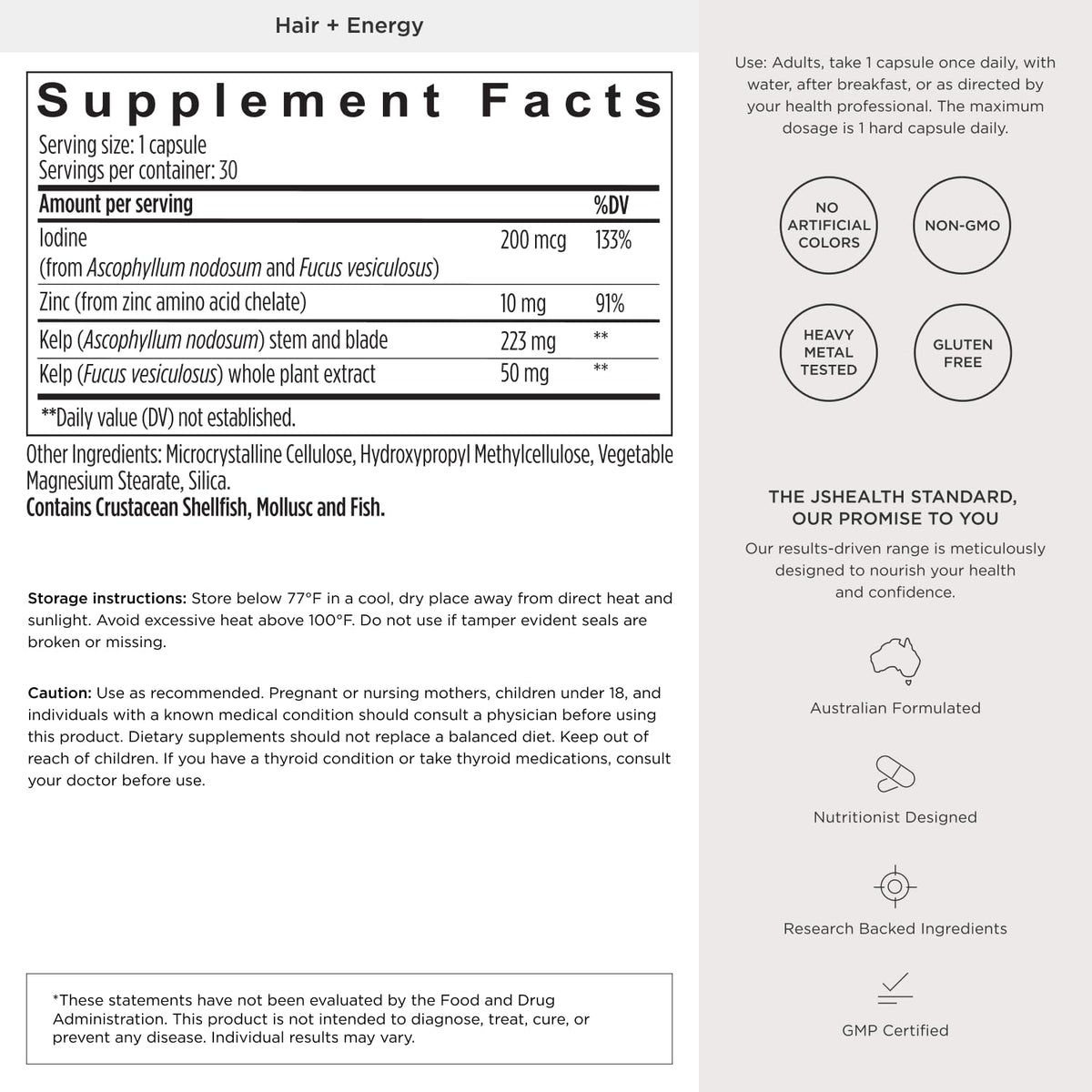 Hair Growth Vitamins with Kelp Iodine and Zinc 30 Capsules B643185