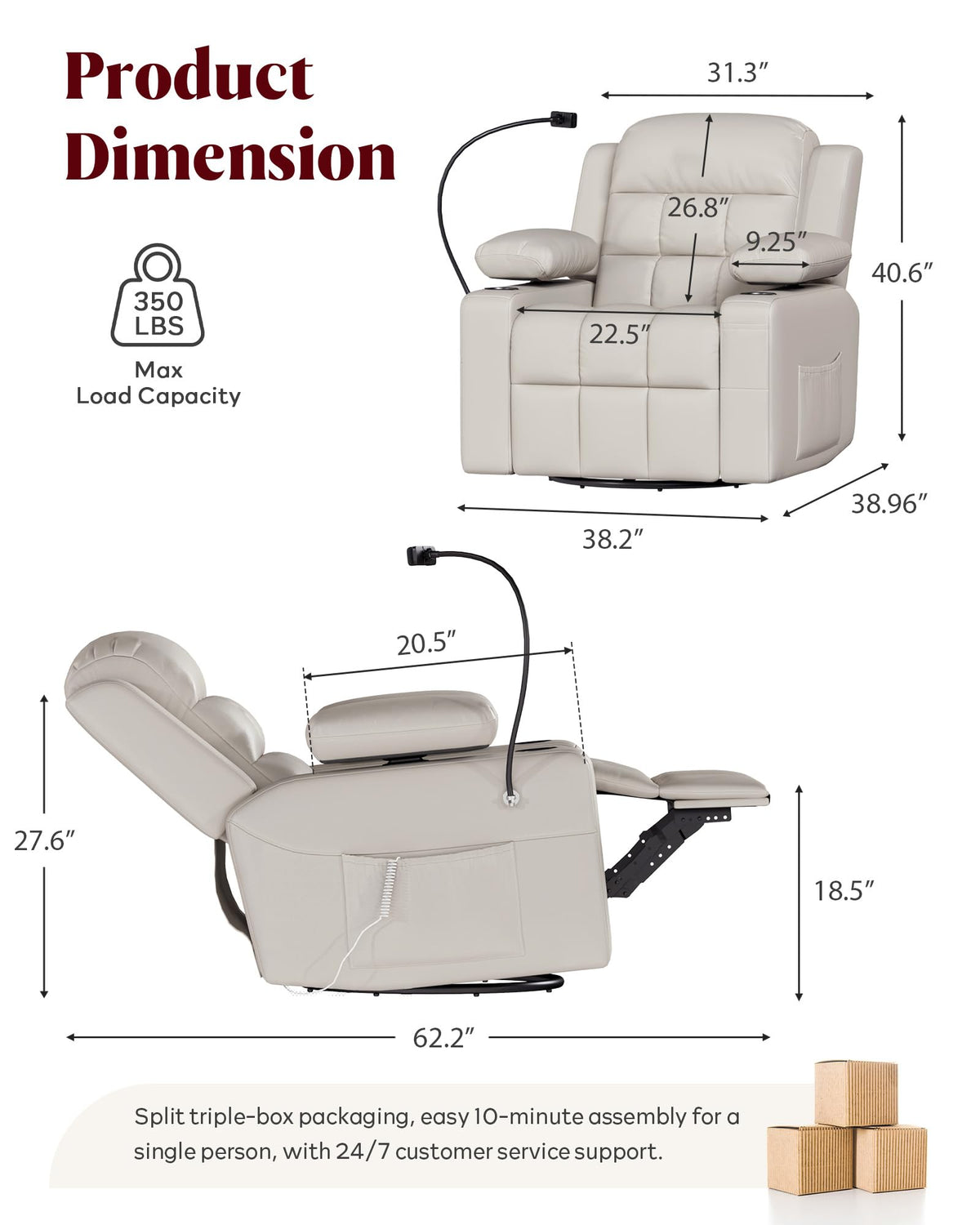 Power Swivel Recliner Chair with Motorized Adjustable Armrests I754960
