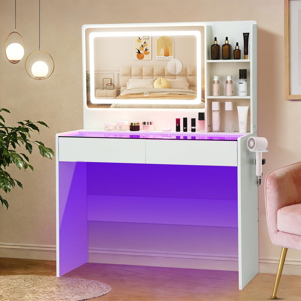 White Makeup Vanity Desk with LED Mirror V3988
