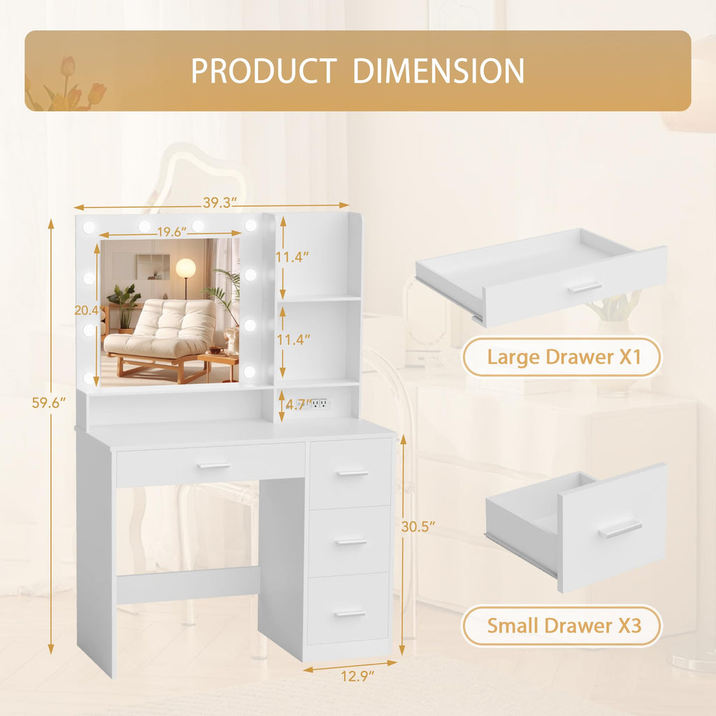 White Vanity Desk with Lighted Mirror and 4 Drawers I14871