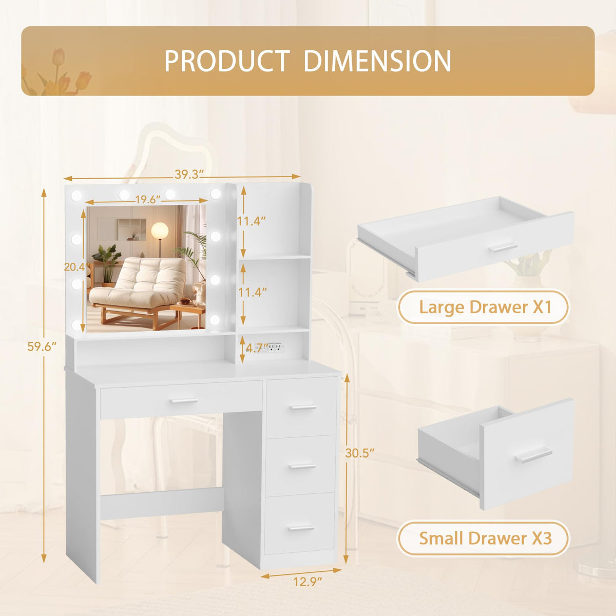 White Vanity Desk with Lighted Mirror and 4 Drawers I14871