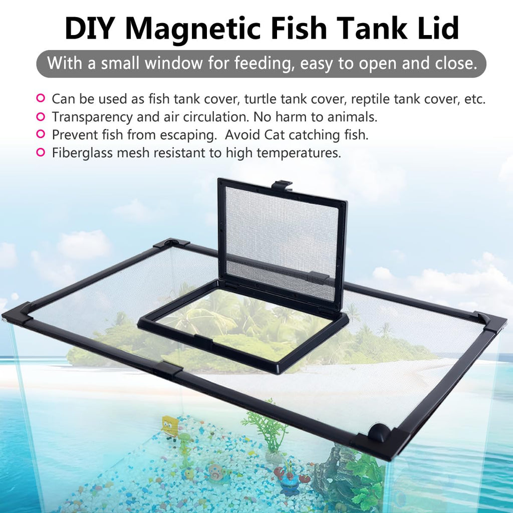 Magnetic Fish Tank Cover with Feeding Window Dark Grey Frame Grey Fiberglass Net C83622