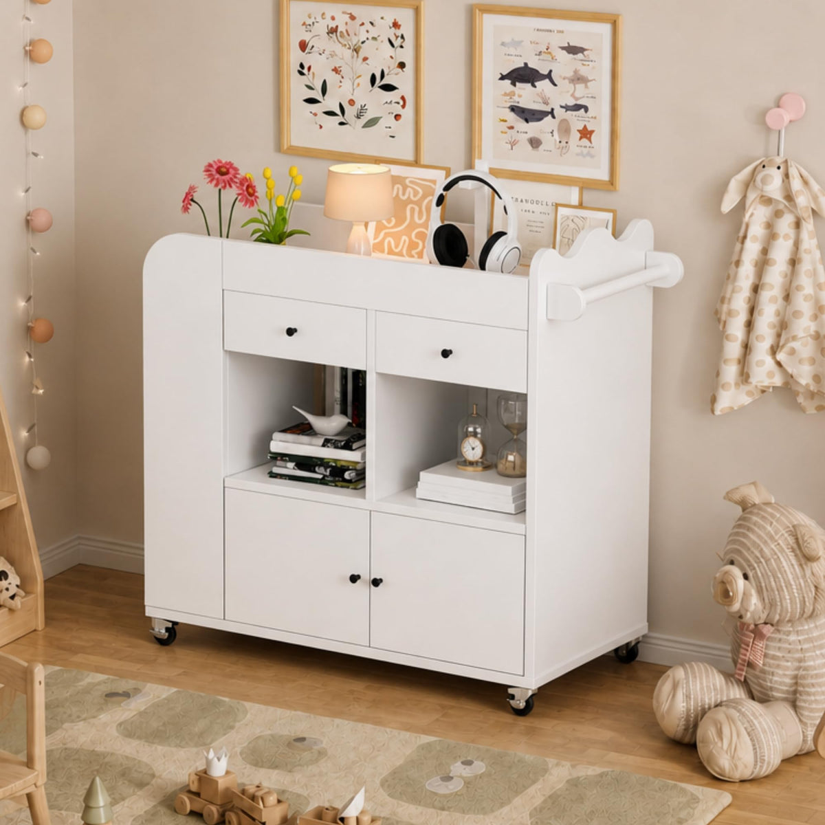 White 2 Drawer Baby Changing Table with Wheels O211