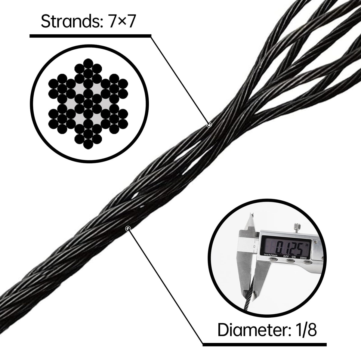 Black Stainless Steel Cable for Railing 220FT 1/8" T316 Wire Rope Y84133