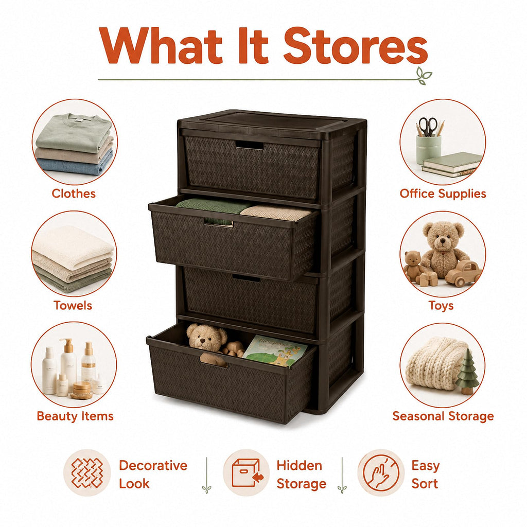 Brown 4 Drawer Plastic Storage Tower P404104