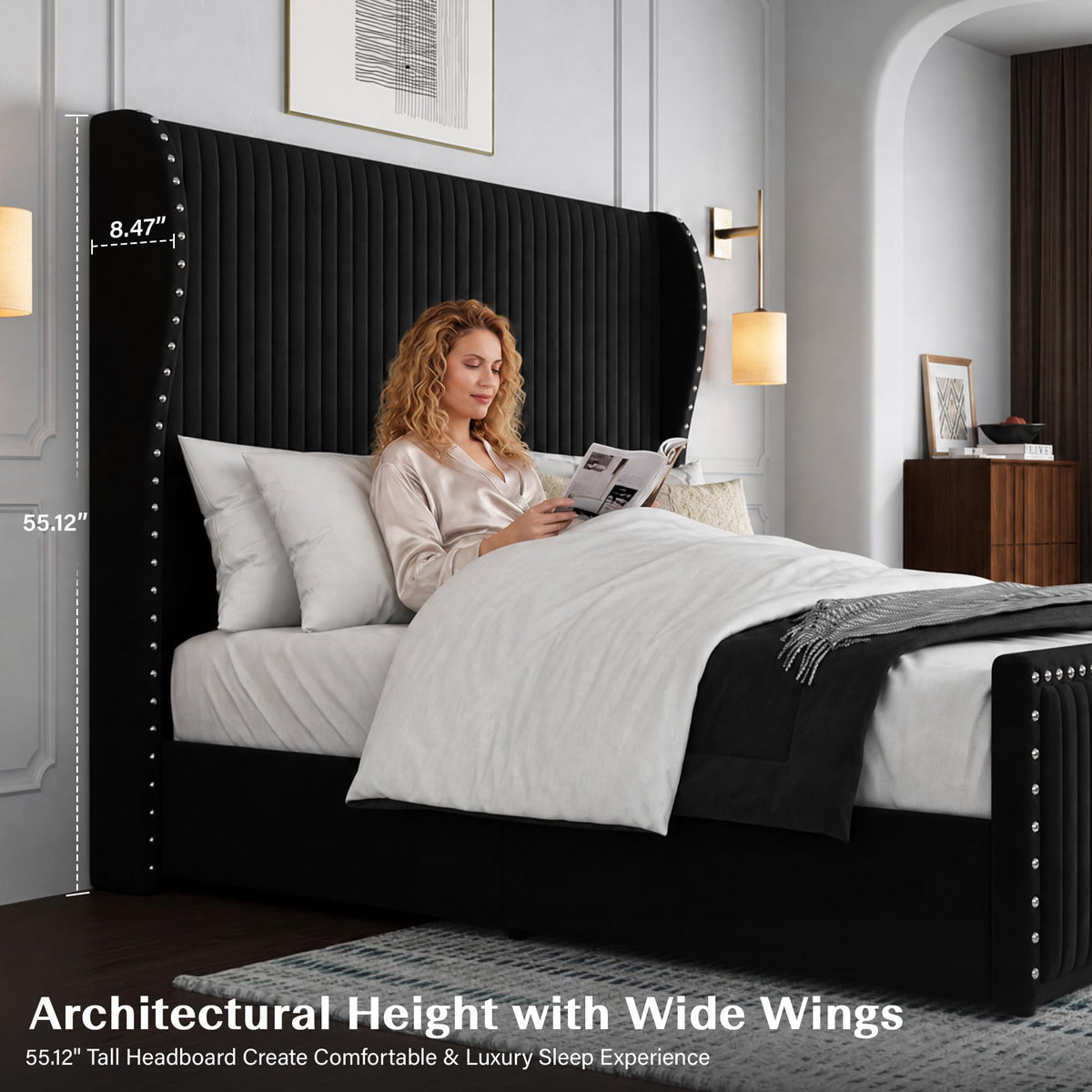 Queen Size Bed Frame with 55" Headboard Black O742