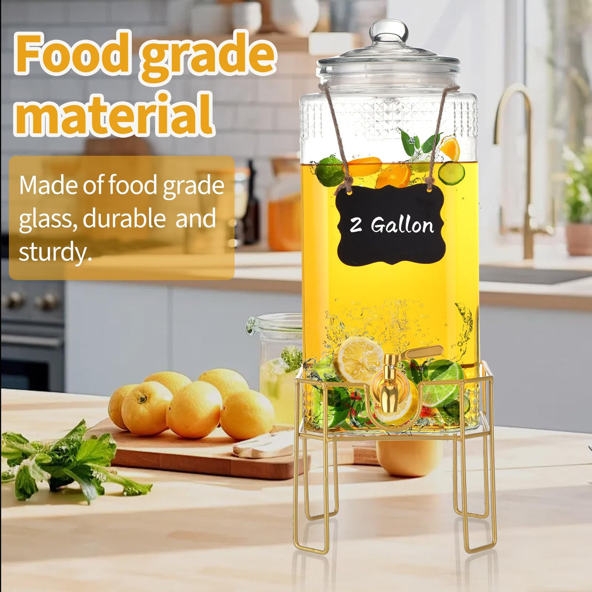 2 Gallon Drink Dispenser with Stand, Glass Lid and Stainless Steel Spigot R3494