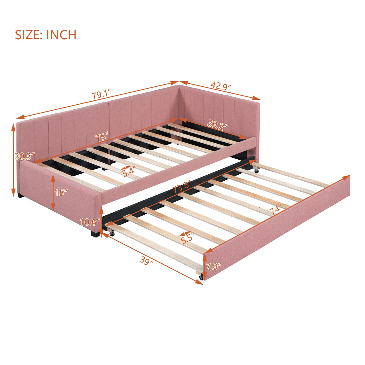 Pink Linen Fabric Twin Size Daybed with Trundle Y56192