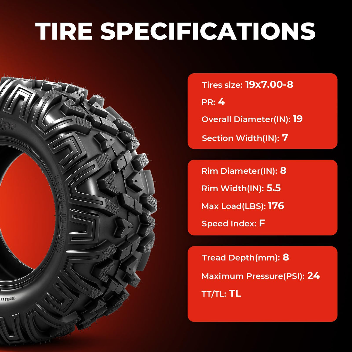 ATV Tires 19x7-8 4-Ply Tubeless Set of 2 Q6009