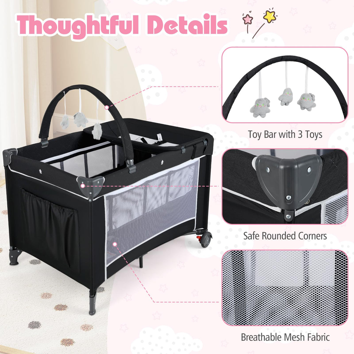 4 in 1 Folding Playpen with Bassinet and Carry Bag Z386317