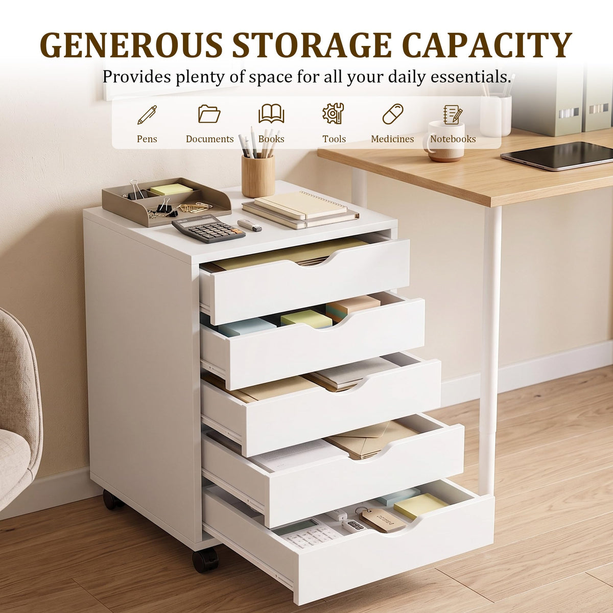 White 5 Drawer Rolling Storage Cabinet W23380