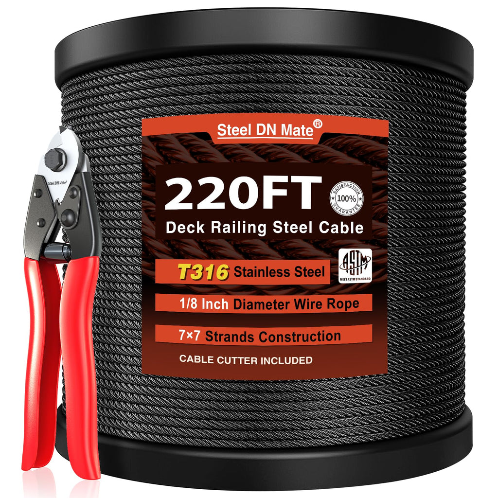 Black Stainless Steel Cable for Railing 220FT 1/8" T316 Wire Rope Y84133