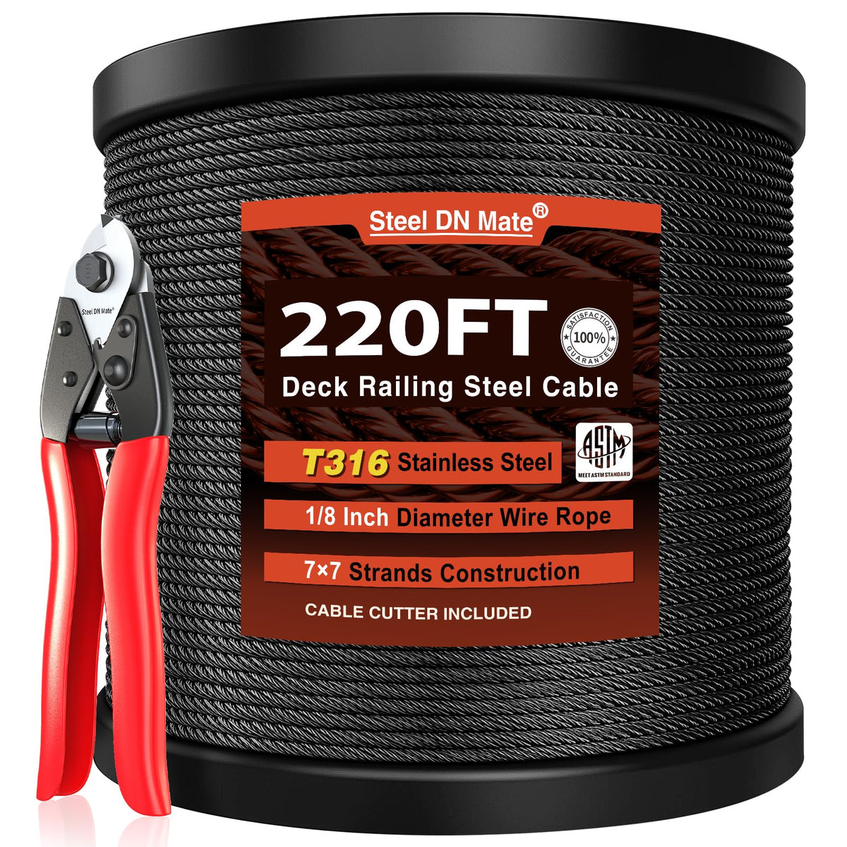 Black Stainless Steel Cable for Railing 220FT 1/8" T316 Wire Rope Y84133
