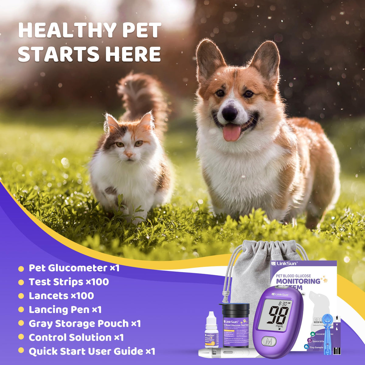 Pet Glucose Monitor Kit, 100 Strips+Lancets G947404