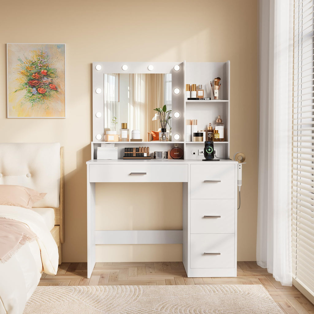 White Vanity Desk with Lighted Mirror and 4 Drawers I14871