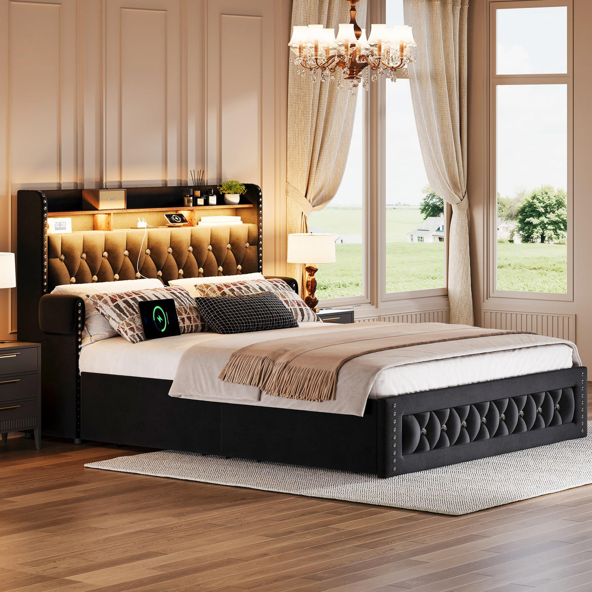Queen Size Velvet Upholstered Platform Bed with 4 Storage Drawers W22970