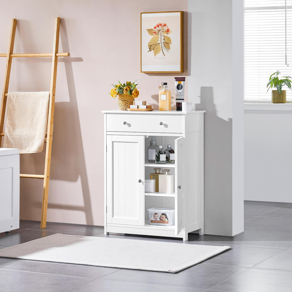 White Bathroom Storage Cabinet with Drawer and 2 Doors M79260