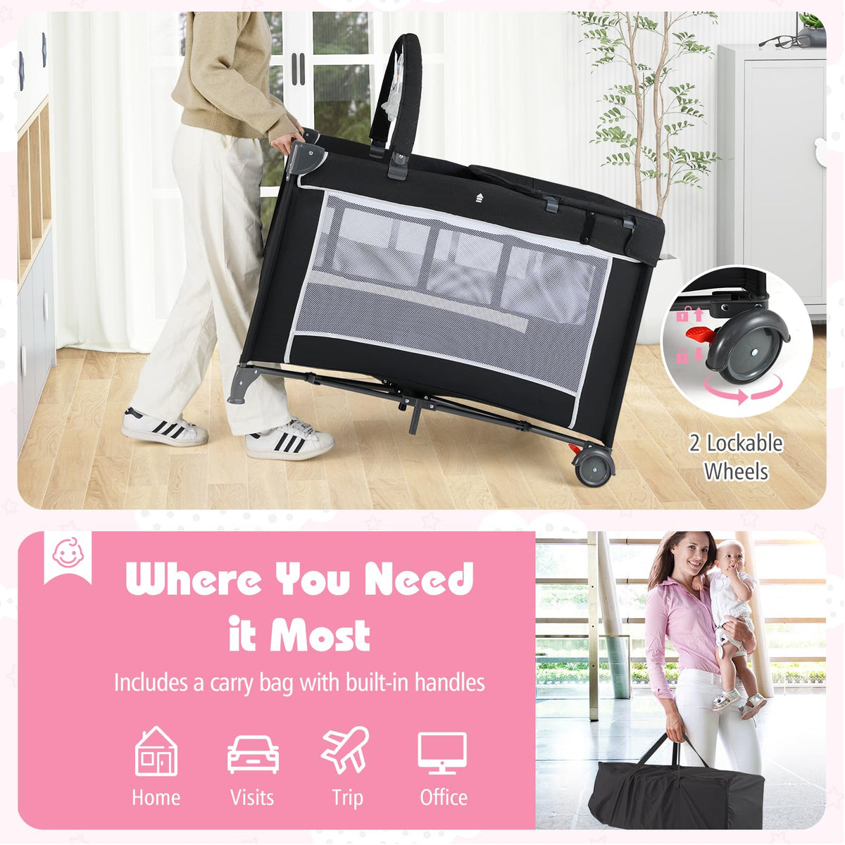 4 in 1 Folding Playpen with Bassinet and Carry Bag Z386317