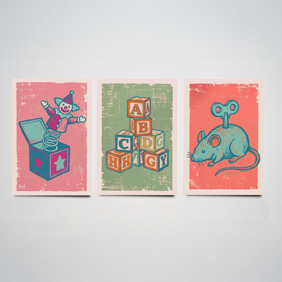 Art Prints Set of 3 Retro Linocut Style C9158