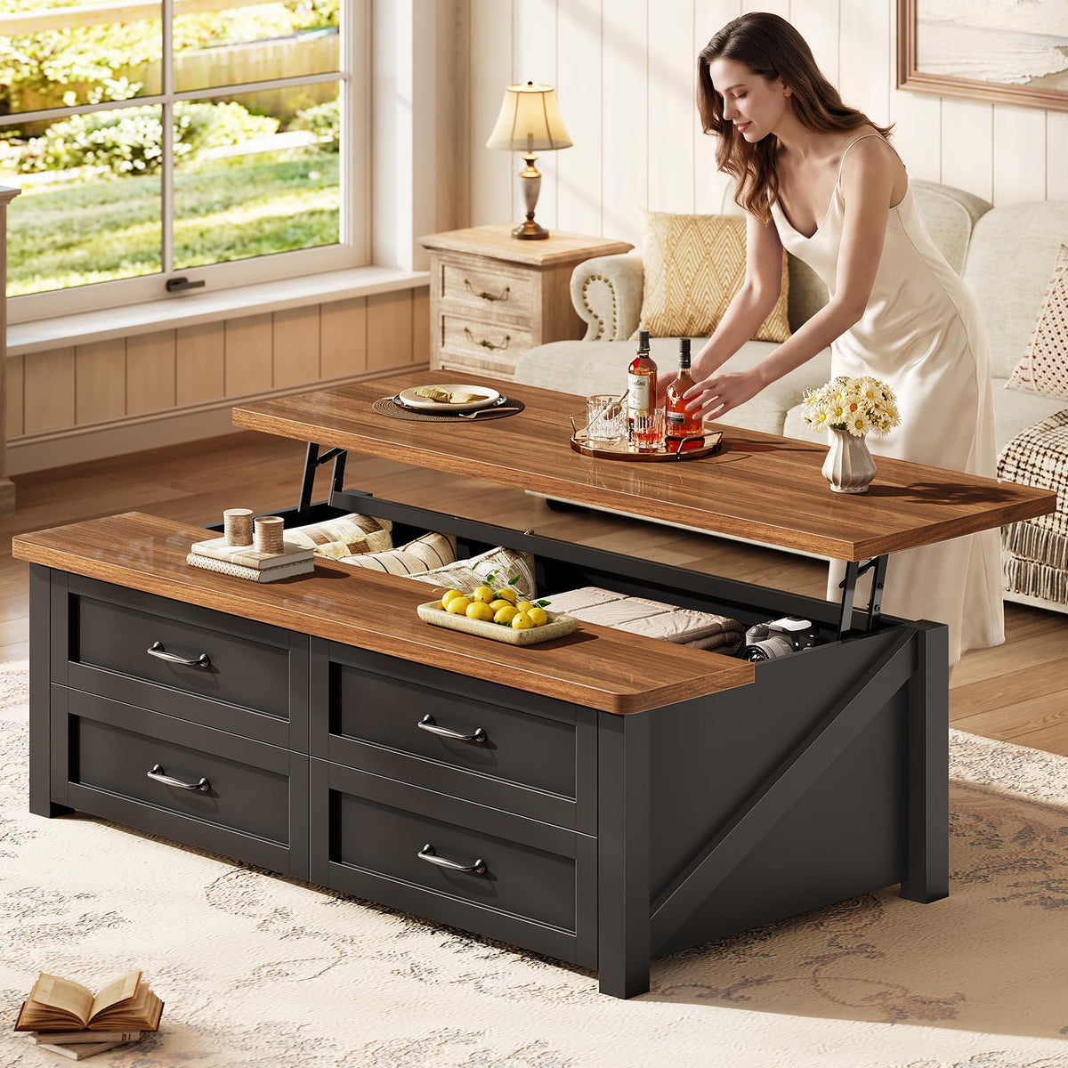 47.2" Lift Top Coffee Table with Storage, 4 Wood Drawers R8263