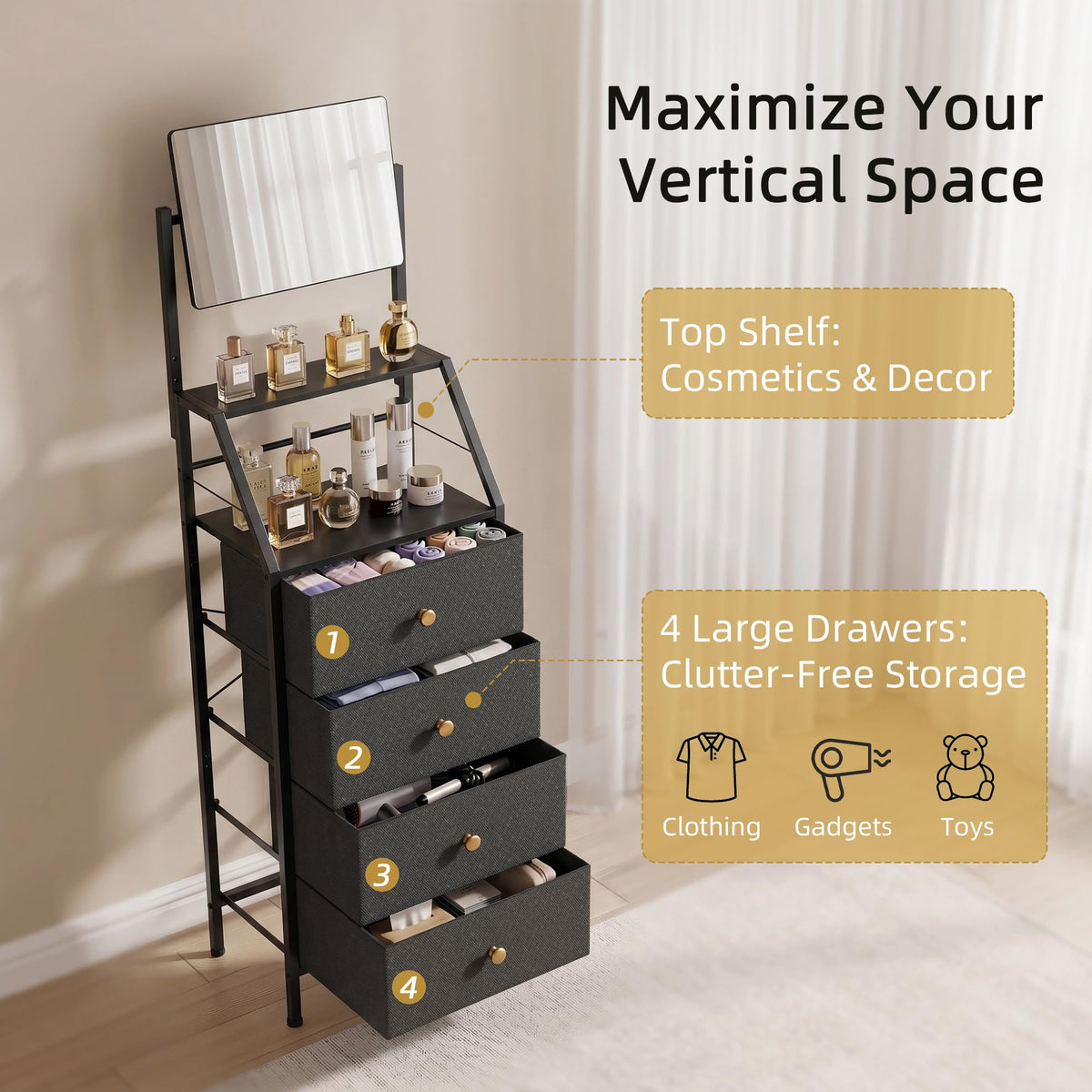 Black 4 Drawer Vanity Dresser with Adjustable Mirror R225
