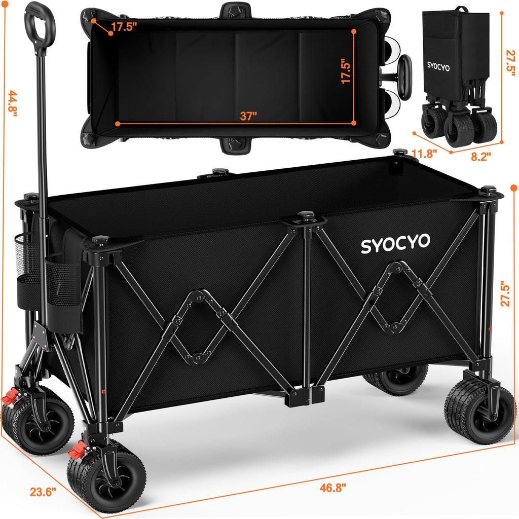 Foldable Collapsible Wagon with All-Terrain Wheels and Cup Holders, Black F159