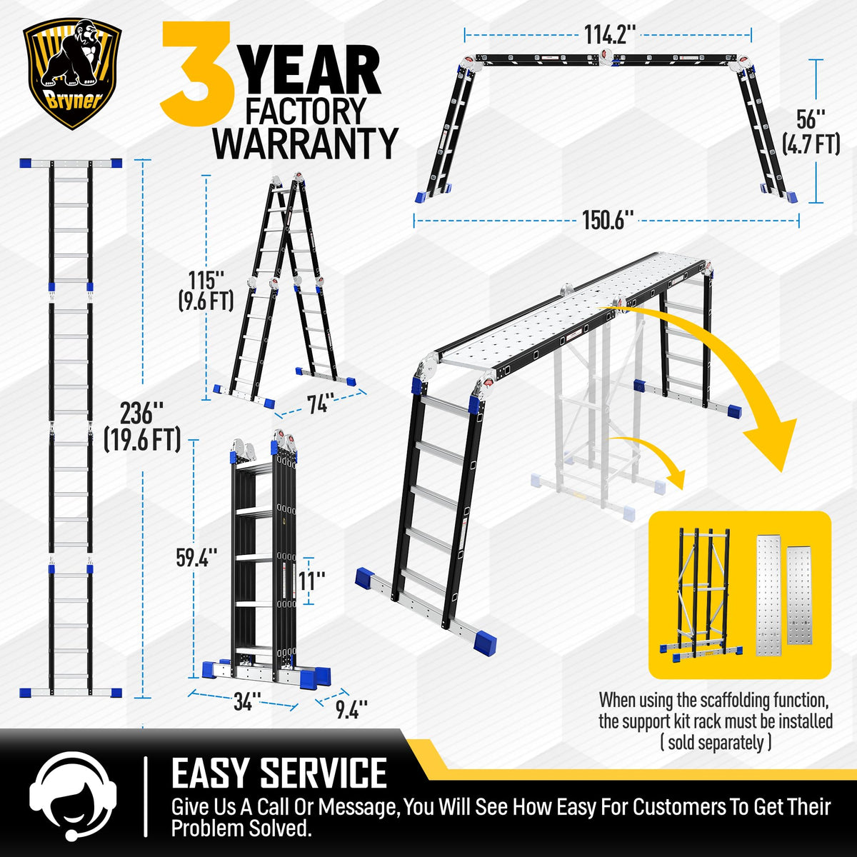 Aluminium 7 in 1 Extension Ladder 19.6Ft 330lbs P893