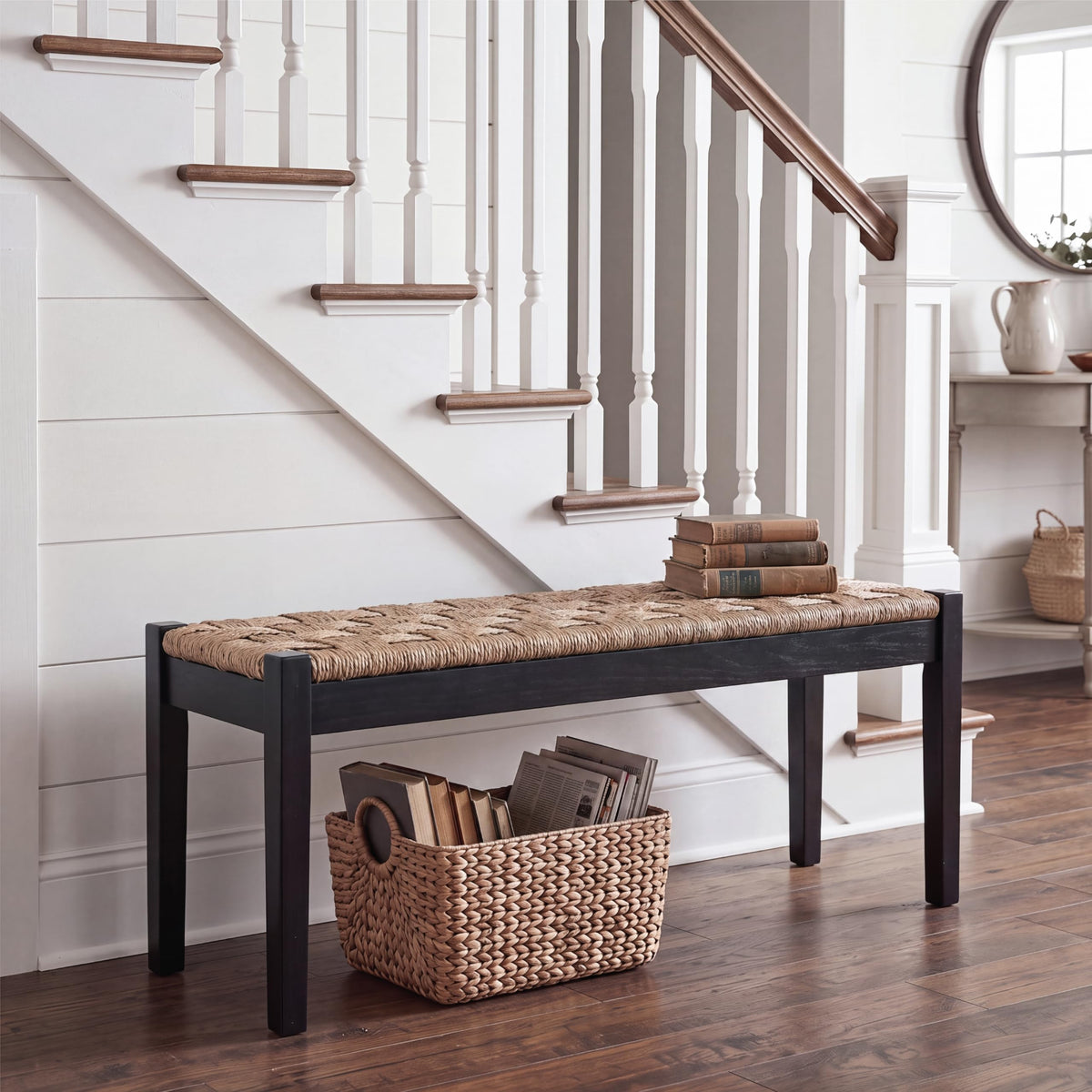 46-Inch Acacia Wood Entryway Bench with Woven Seagrass Seat B39690