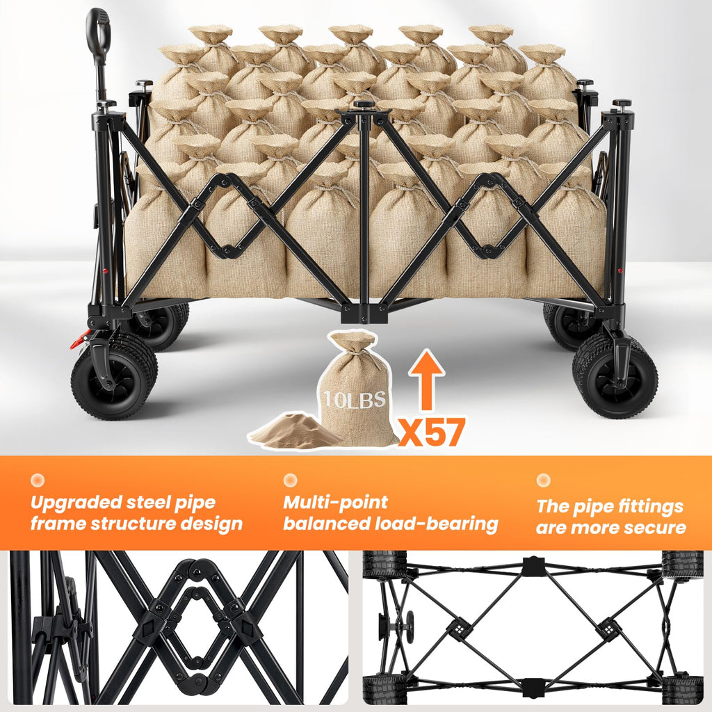 Foldable Collapsible Wagon with All-Terrain Wheels and Cup Holders, Black F159