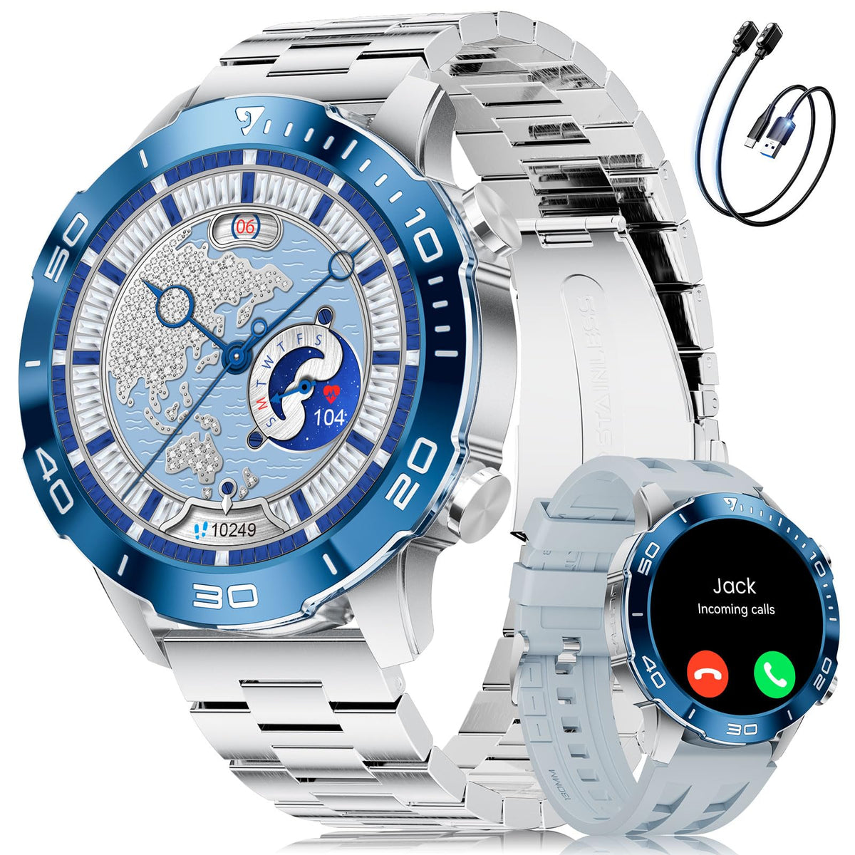 Smart Watch with Heart Rate SpO2 Sleep Monitor IP68 Waterproof Silver Blue 40mm K547575