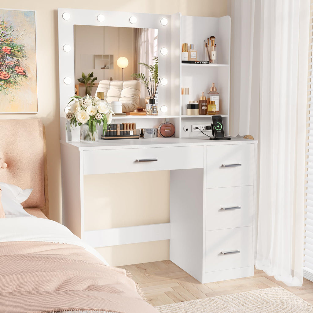 White Vanity Desk with Lighted Mirror and 4 Drawers I14871