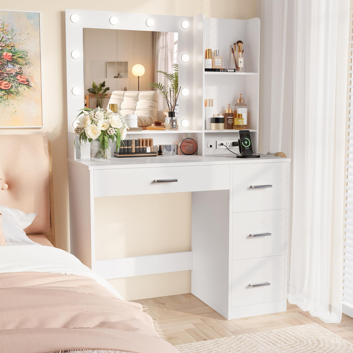 White Vanity Desk with Lighted Mirror and 4 Drawers I14871