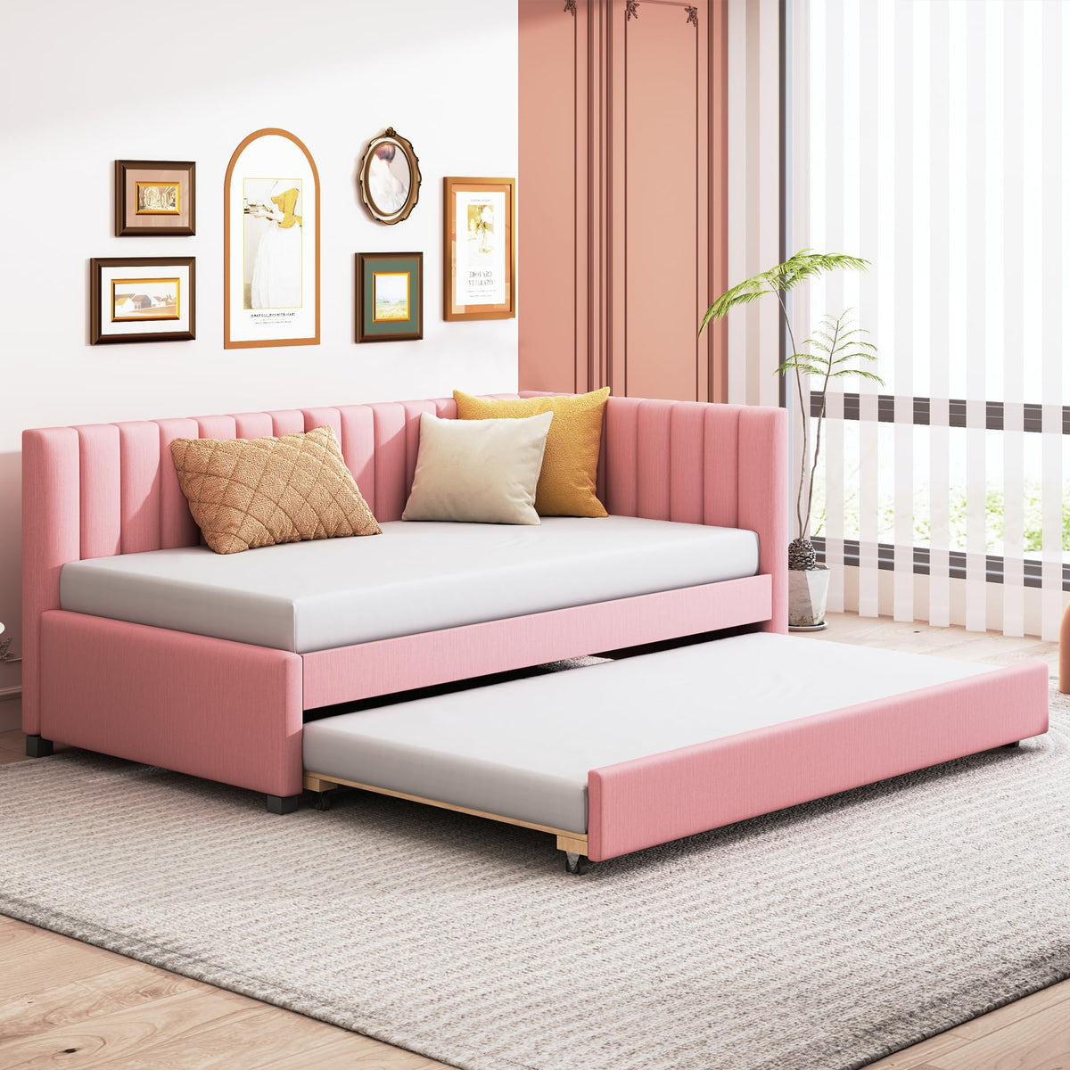 Pink Linen Fabric Twin Size Daybed with Trundle Y56192