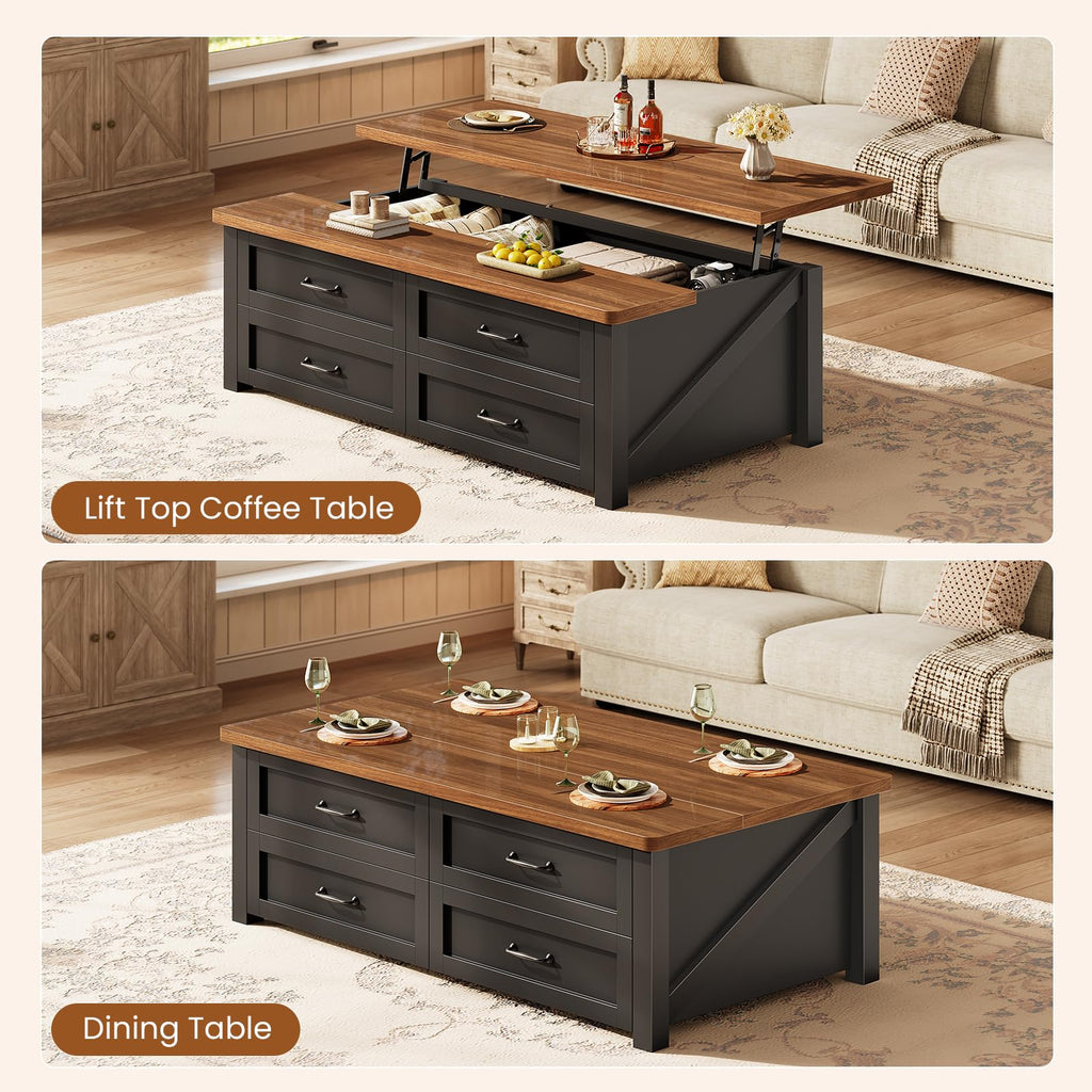 47.2" Lift Top Coffee Table with Storage, 4 Wood Drawers R8263