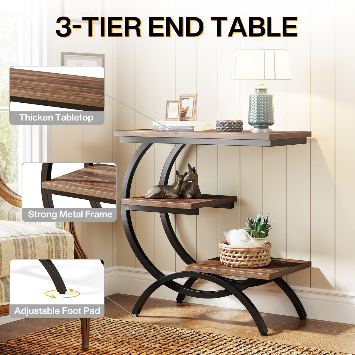 C-Shaped 3-Tier End Table with Curved Metal Frame D86036