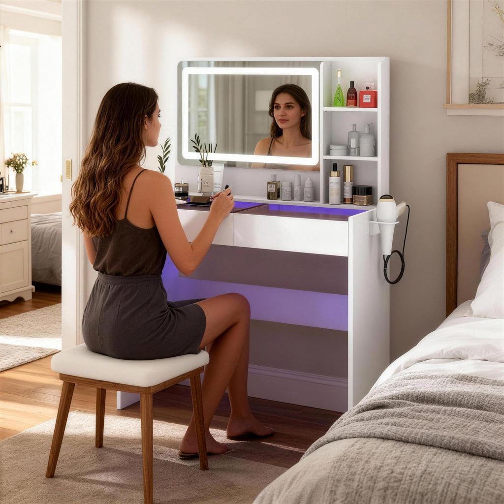 White Makeup Vanity Desk with LED Mirror V3988