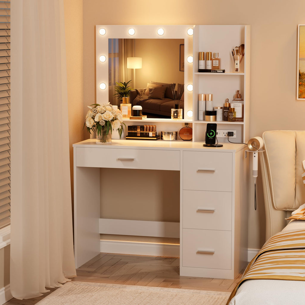White Vanity Desk with Lighted Mirror and 4 Drawers I14871