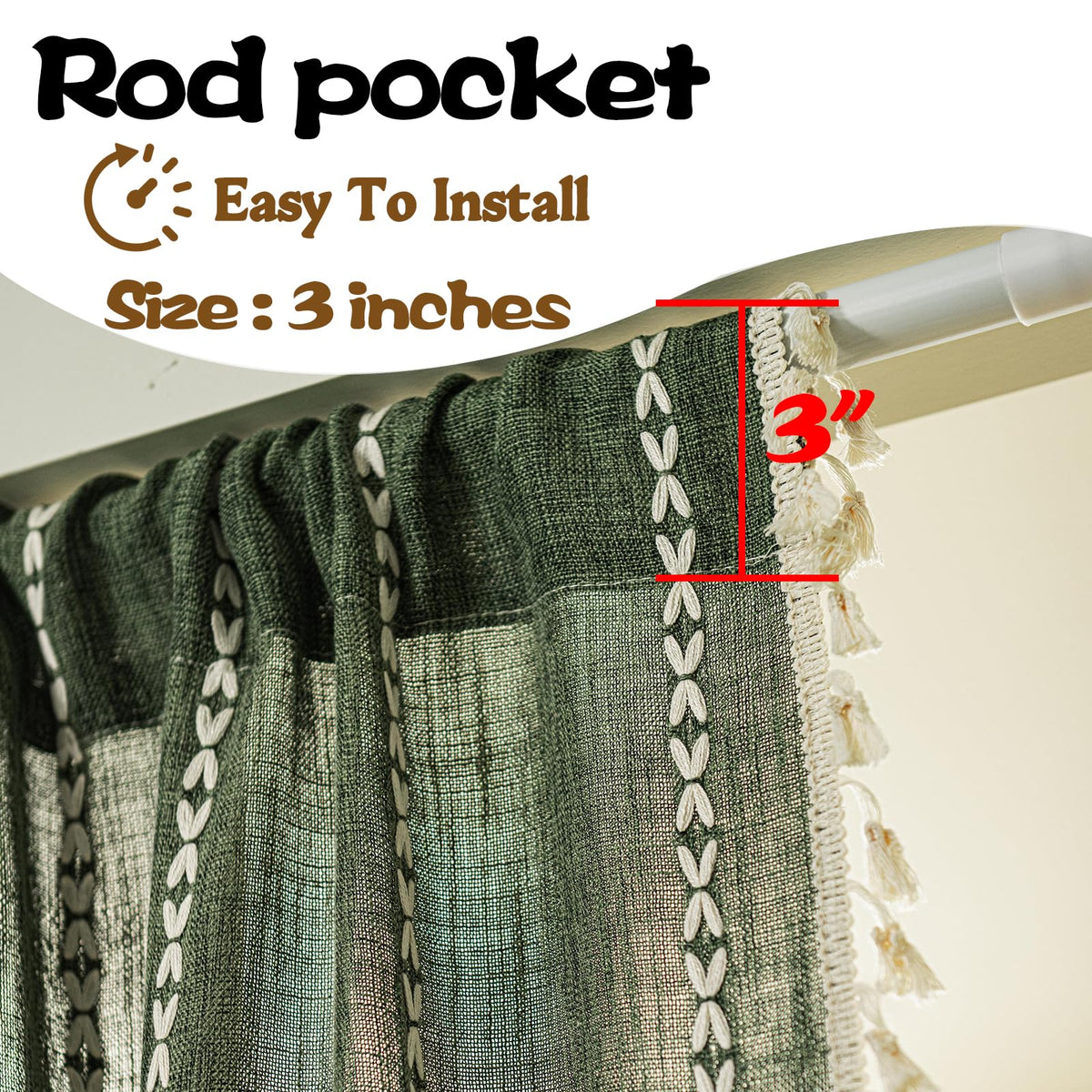 Boho Linen Tassles Light Filtering Door Curtains, Rod Pocket 1 Panel Olive Green T489