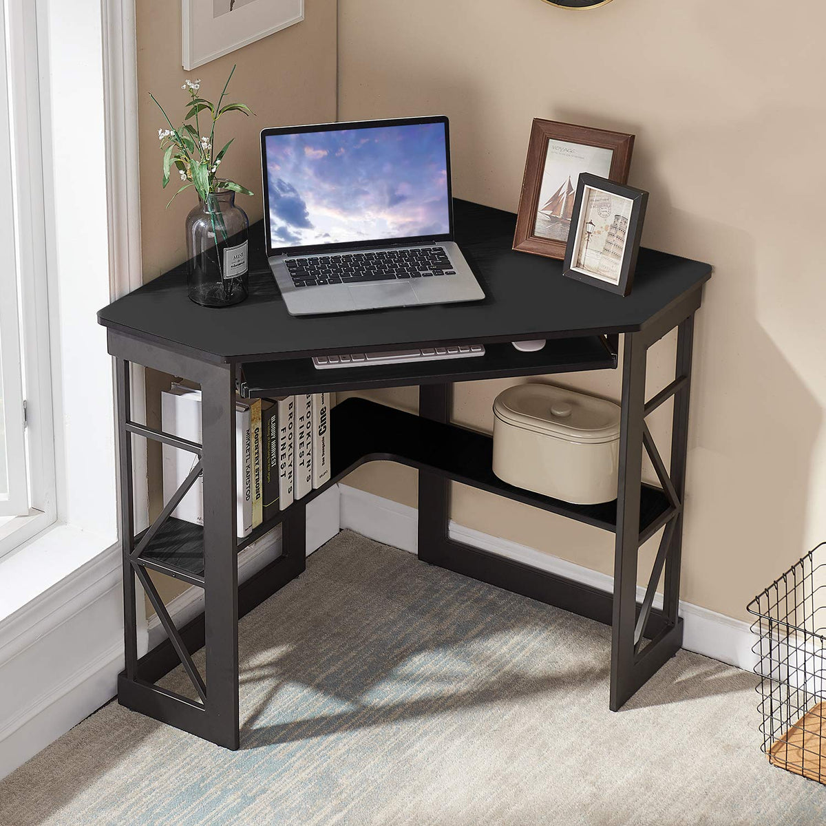 Black Corner Computer Desk with Keyboard Tray P217816