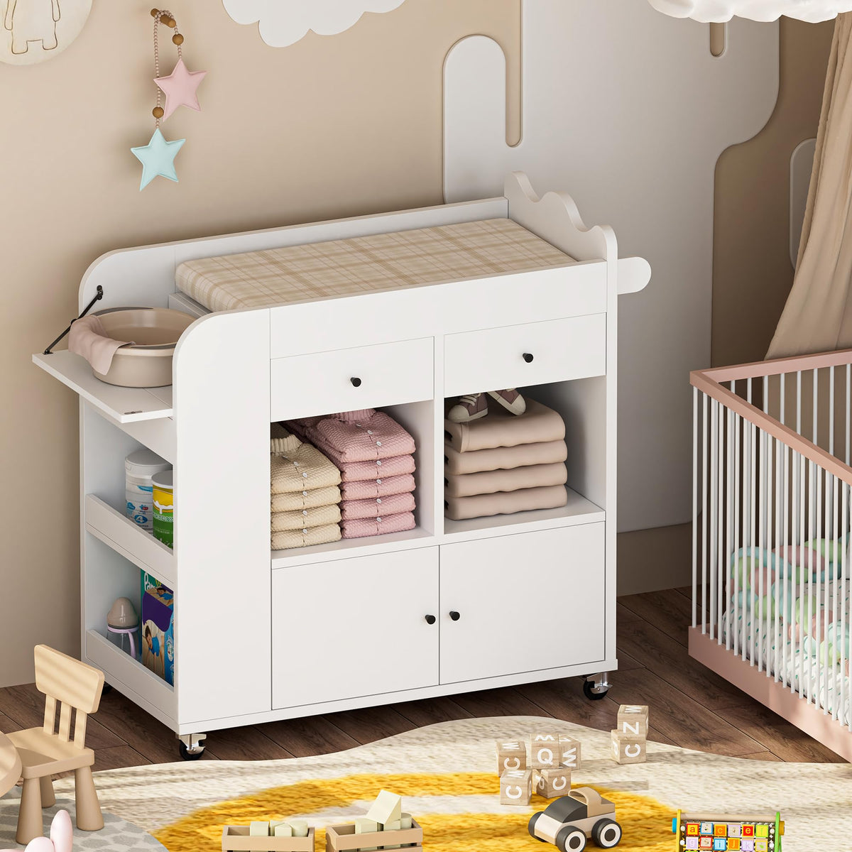 White 2 Drawer Baby Changing Table with Wheels O211