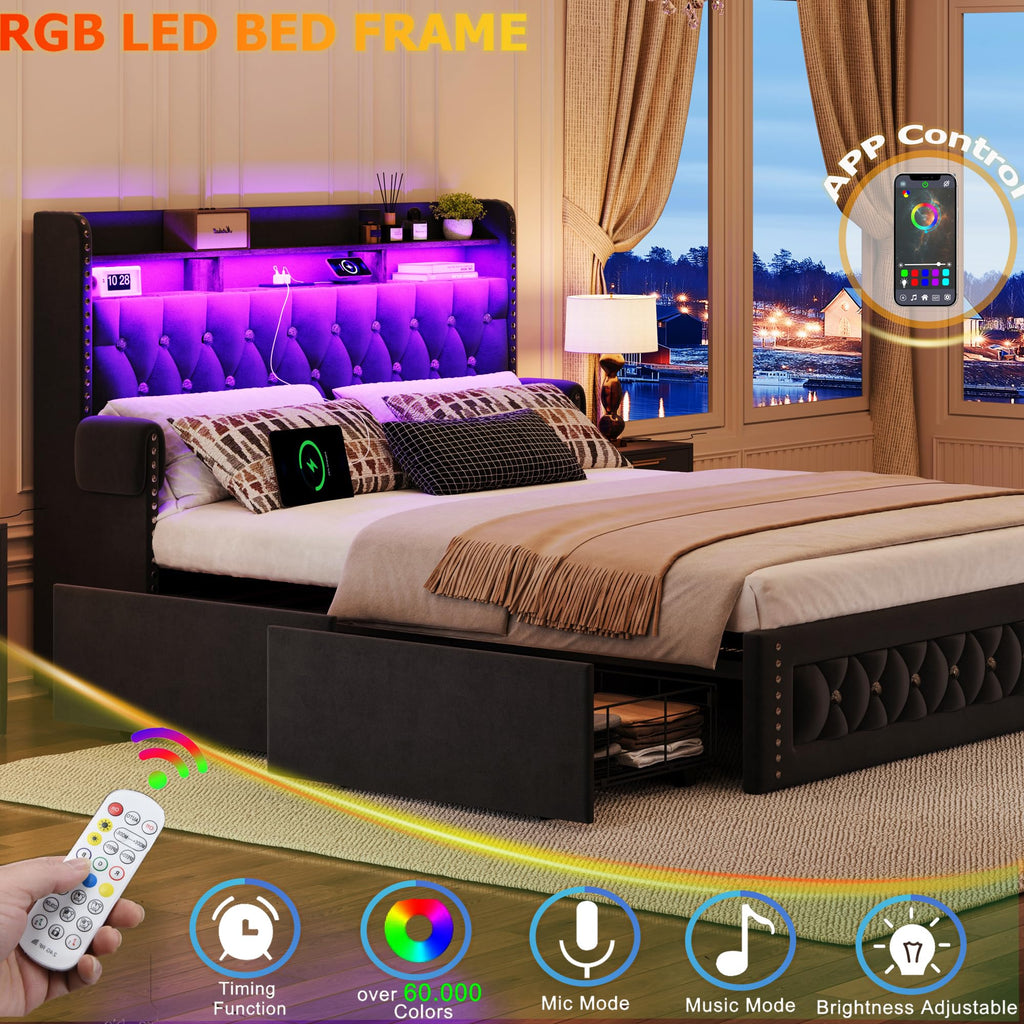 Queen Size Velvet Upholstered Platform Bed with 4 Storage Drawers W22970