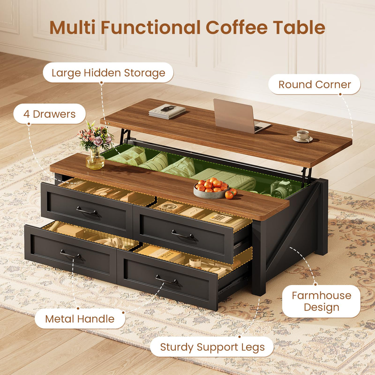 47.2" Lift Top Coffee Table with Storage, 4 Wood Drawers R8263